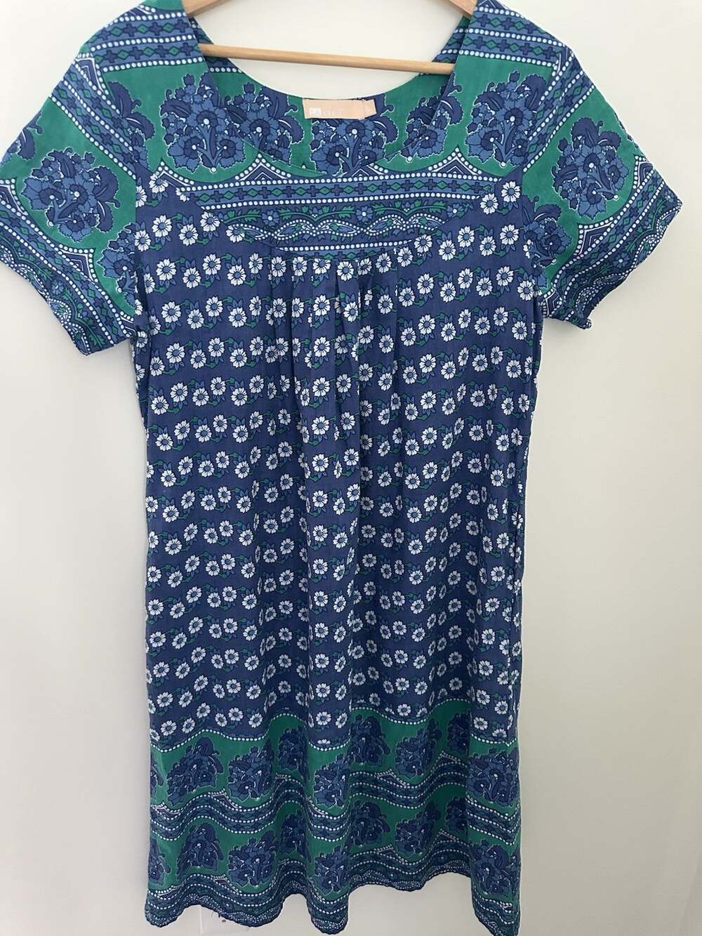 LA Cera Blue Green Floral Print Cotton Dress Short Sleeve Boho Summer Casual L